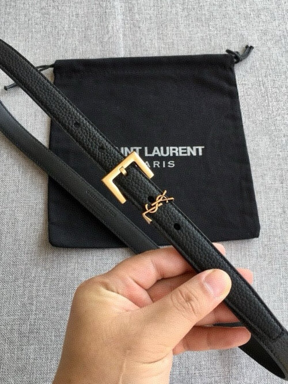 Saint Laurent YSL Cassandre Thin Belt Square Pin Buckle Black Grained Leather